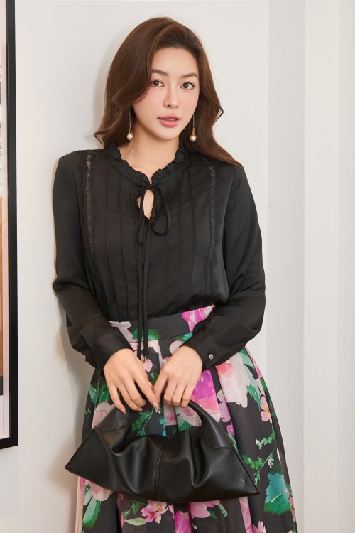 Sixdo Black Long Sleeves Silk Blouse